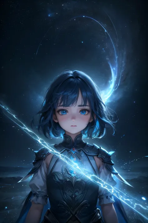 a 9-year-old girl with blue wings and blue hair, in a sea of stars, with a yellow lightning aura, (best quality, highres), ultra-detailed, (realistic:1.37), vibrant colors, mesmerizing lights, ethereal atmosphere, dreamy scenery, fantasy theme, enchanting ...