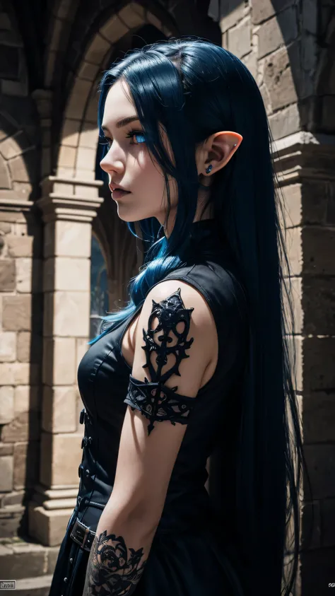 RAW, professional photograph, medium shot, photorealistic, hyper-realistic, ray tracing, super detail, UHD, 8k, female elf, twenty years old, athletic body, soft facial features, long hair, straight hair, blue hair, blue eyes, gothic style, gothic clothing...