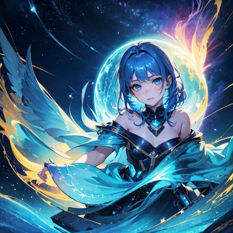 a 9-year-old girl with blue wings and blue hair, in a sea of stars, with a yellow lightning aura, (best quality, highres), ultra-detailed, (realistic:1.37), vibrant colors, mesmerizing lights, ethereal atmosphere, dreamy scenery, fantasy theme, enchanting ...