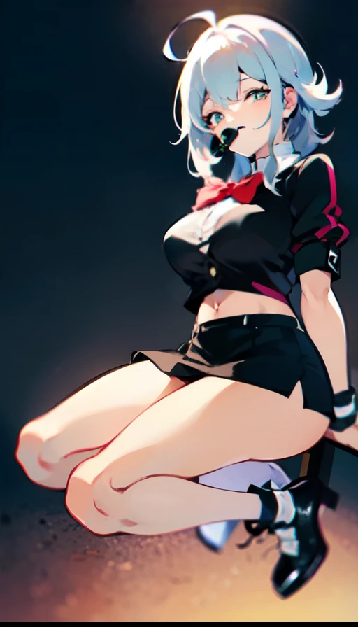 Anime girl sitting on a chair with a knife and a bow tie, surreal , chiaki nanami from danganronpa, High resolution!!, thighs!!!, by Kose Kanaoka, by Kamisaka Sekka, misato katsuragi, by Shinoda Toko, thighs!!!!!!, 2b, 2b