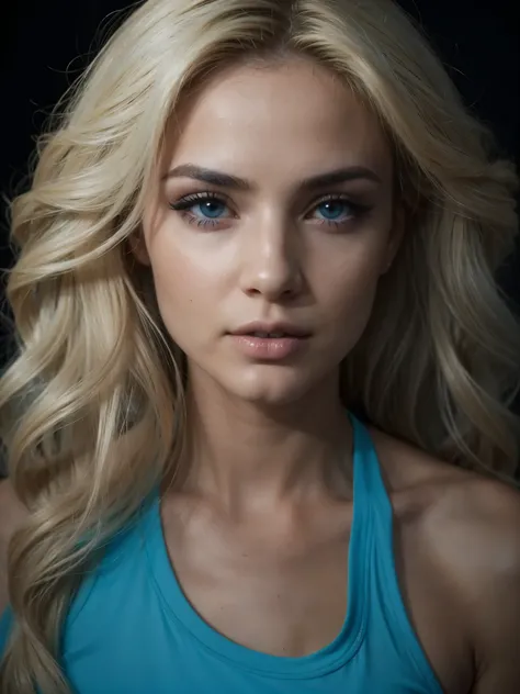 Hermosa chica de pelo rubio, maquillaje profesional, extremadamente detallado, piel realista, ojos hermosos, sin imperfecciones, mirada seductora, con un top azul