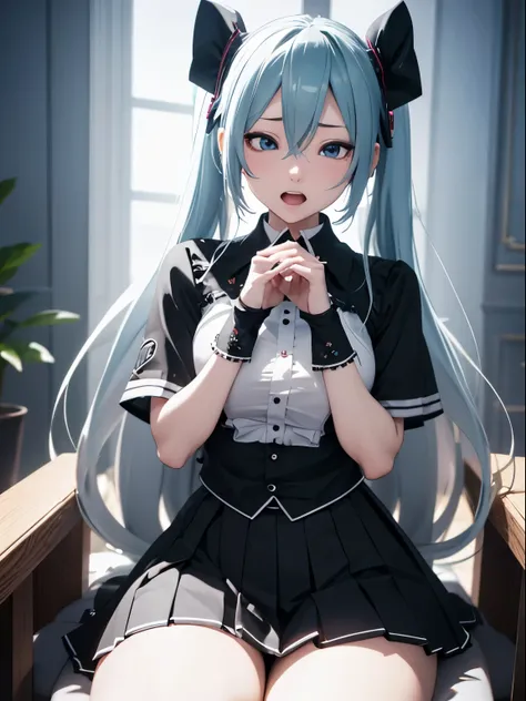 throne、drunk、cross-eyed、ahegao、black shirt、pleated skirt、loose socks、hatsune miku、8k high quality、super realistic details、table ...