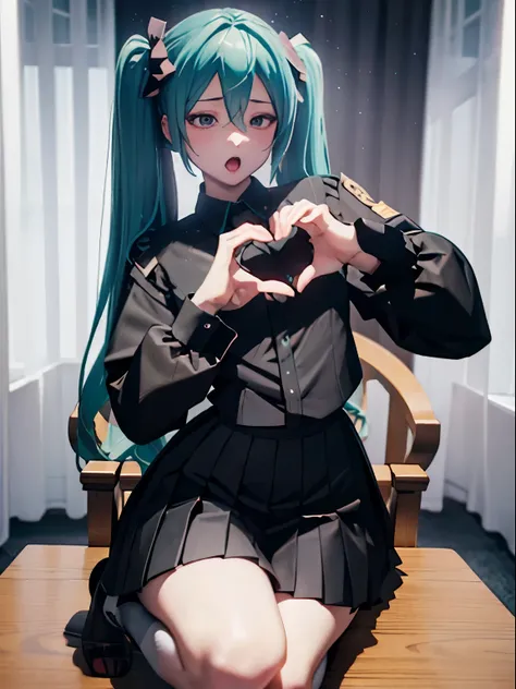 heart hand、throne、drunk、cross-eyed、Ahegao、black shirt、pleated skirt、loose socks、Hatsune Miku、8K high quality、Super realistic details、table top、3D rendering、detailed body、detailed hands、highest quality、best style、bright light、blur the background、gothic