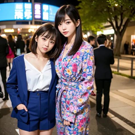 Best-quality, Masterpiece, Ultra-High-Resolution, (Photorealistic:1.4), Raw-Photo, 

A lesbian couple, 18-years-old girl and 25-years-old woman, Late at night, In spring, At Hiroshimas entertainment distric, 

(The 18-year-old girl, the most famous Japanes...