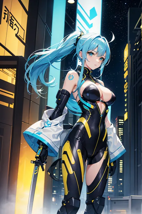 4k,High resolution,one woman,light blue hair,long ponytail,big breasts,Yellow, tight-fitting cyber suit,side boob,Japanese sword,city of the future,night sky