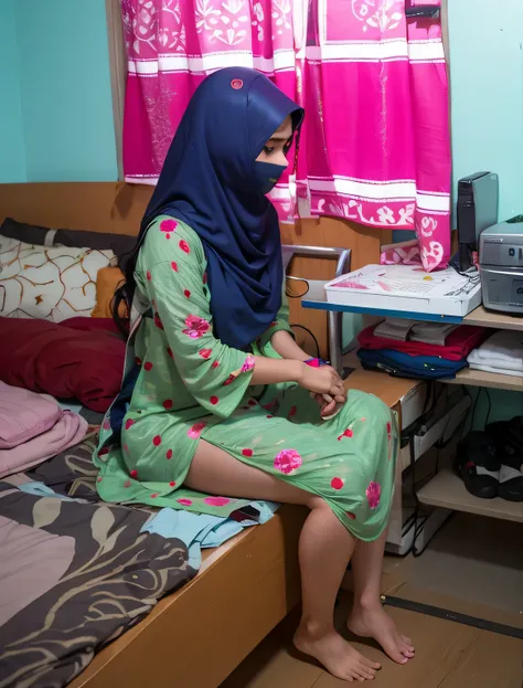 Bangladeshi girl wearing long kurta without  pajama pant. legs and thigh are visible from one side through the hanging of the kurta.