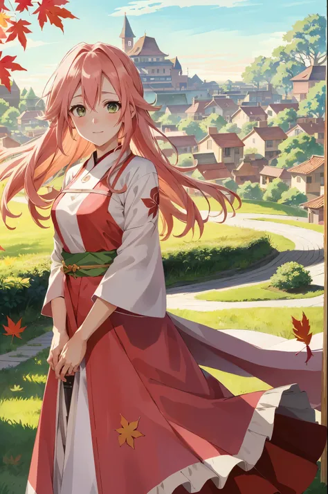 colorful, ((anime)) haruno sakura, long pink hair, green eyes, red dress, ((solo)),  8k, ((leaf village in the background)), ((masterpiece)), HDR, highly detailed, professional  