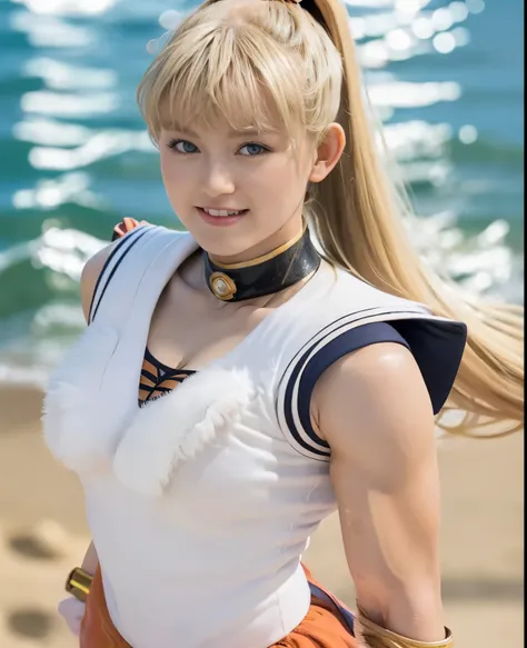 (highest quality:1.2),((perfect beautiful face:1.2), (Beautiful eyes drawn in detail:1.1)),(perfect and beautiful posture:1.2), on the beach at night,((japanese woman:1.1),blonde long hair, ponytail, smile, big breasts, (Chubby:0.45), muscular body, body b...