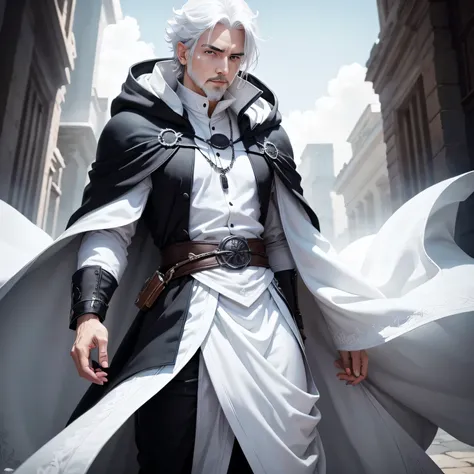 Male, white outfit, black cloak, white hair, middle aged, facial hair