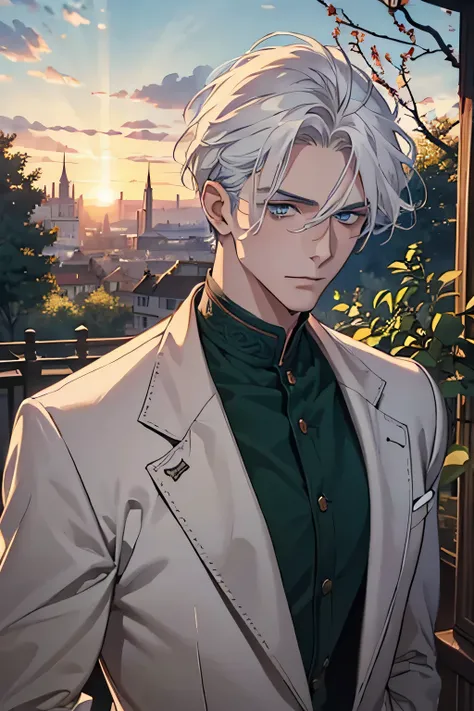 ((masterpiece:1.2, best quality)), 4k, adult, european face, 1man, male, mature, aged up, handsome, verytall, muscles, broad shoulders, dark green casual clothes, white skin, middle white hair, blue eyes, portrait, sunset, old house english with apple tree...