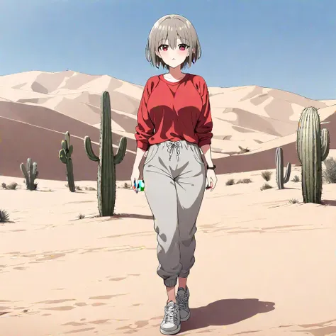 (masterpiece, best quality:1.2), 1girl, uzakichan, solo, full body, red shirt, frowning, grey sweatpants, from below, sandy desert, desert background, cactus