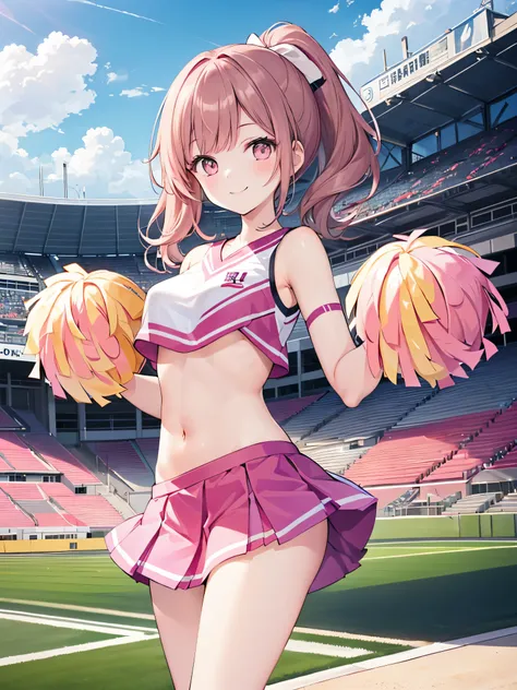 1 girl, Japanese, 14 years old, White Skin Skin, middle chest, Watching the view, (Smile:1.5), 
beautiful detailed hair up to the middle of the eyes:1.4, Parted bangs, straight hair:1.7), (bellybutton:1.1), brown hair,
(Current pink cheerleading style:1.5)...