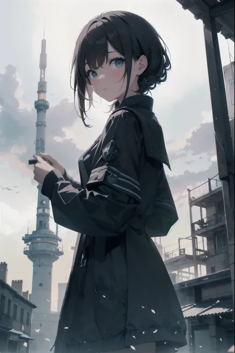 Girl looking up Scene 1: Twilight tower shadow The girl stands quietly against the sky, which is dyed an azure colour. Towering up in front of her is a huge structure called the Tower of Babel. Its form, which seems to pierce through the clouds, seems as i...