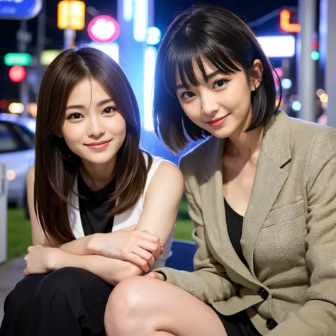 Best-quality, Masterpiece, Ultra-High-Resolution, (Photorealistic:1.4), Raw-Photo, 

2girls, lesbian-couple, 12-years-old girl and 30-years-old woman, Late at night, In spring, At Hiroshimas entertainment distric, 

(The 12-year-old girl, the most famous J...