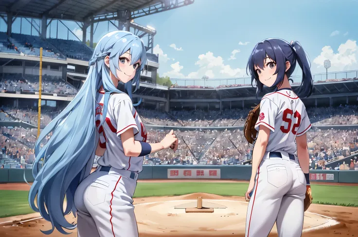 baseball uniform, light blue long hair、Beautiful twin-tailed pitcher girl、Throw to the batter on the pitcher&#39;s mound、bright smile、detailed uniform, Watching the batter、Depth of the bounds written,  detailed realistic background, packed audience、diffuse...