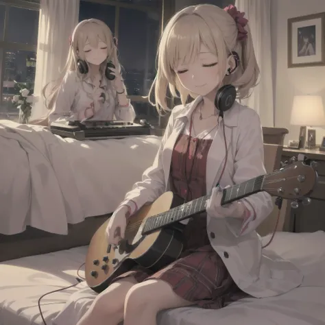 A night of music: she put on her earphones and closed her eyes. Her room was filled with beautiful melodies and she was completely absorbed in the music. Nothing could be more comforting, she couldnt help but smile.