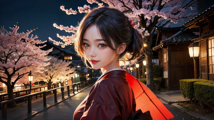 xx remix girl,1 girl, fish eyes, Self snap, Wind, messy hair, night view, Old Japan cityscape, (aesthetics and atmosphere:1.2), Cherry tree in full bloom,gray hair,smile,movie girl