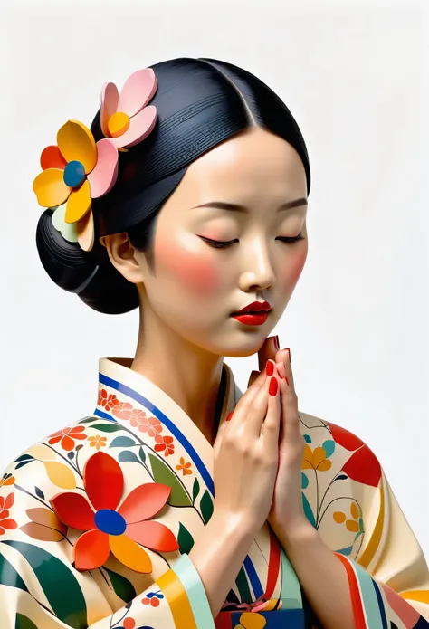 A colorful wood carving of an Asian woman with her hands on face, wearing a floral dress, white background, in the style of John Klassen. EArrangei and Morandi colors, organic shapes, geometric patterns, in the style of Uemura Shoen. Drops of paint on a wo...