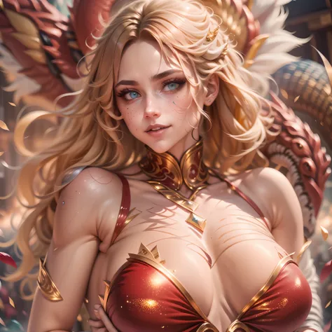 (best quality,4k,8k,highres,masterpiece:1.2, portrait), ultra-detailed, realistic, naked sexy dragon woman with red and gold glittering scales, skin is glittering ruby and golden scales, long wavy blonde hair with red highlights, very playful but mischievo...