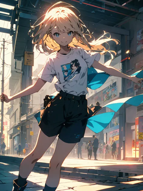 (highest quality、masterpiece、High resolution、detailed)、(Shining eyes、detailed beautiful face)、1 girl、(T-shirt,shorts),smile,short boots,suburbs、slope background、beautiful anime