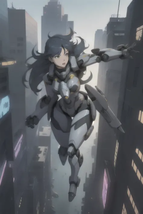 1girl, mecha, city, full body, floating, pov, from above, power armor, dynamic pose,