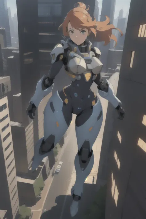 1girl, mecha, city, full body, floating, pov, from above, power armor, dynamic pose,