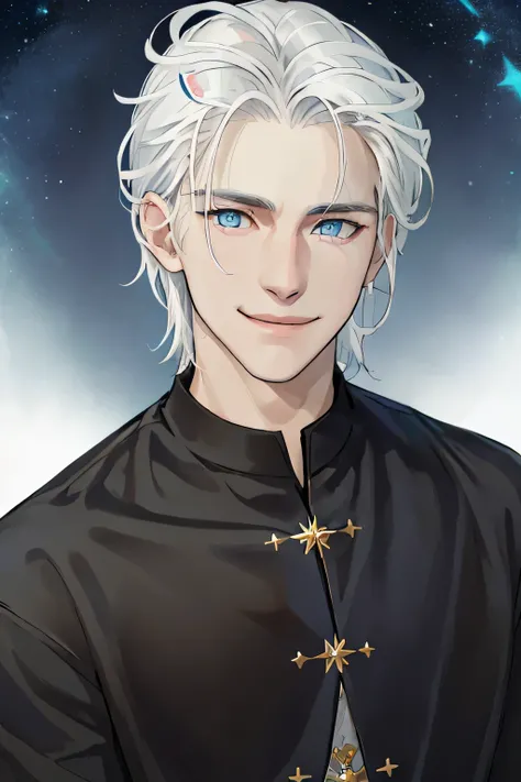 masterpiece, best quality, realistic, 1man, casual dark black clothes, young male, tall muscular, handsome, smile, closed mouth, portrait, extremely detailed face, (over ther shoulder hair), (white hair), (blue eyes), portrait, starry sky
