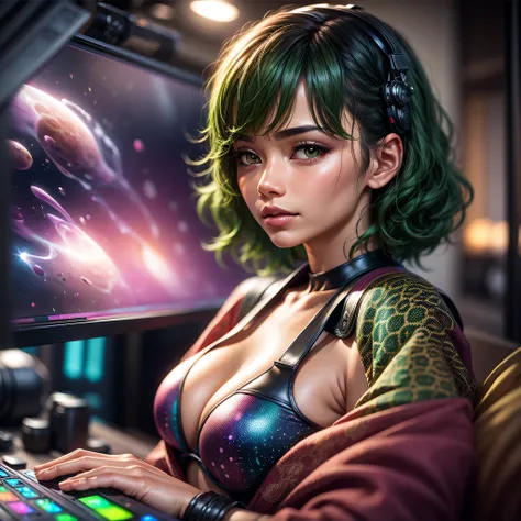 (Latina woman, Latina), (smirking), (green hair with a fringe, short hair, curly hair) , (Beautiful green eyes) , (small boobs) , Official art, Unified 8k wallpaper, Super detailed, beautiful, masterpiece, best quality, original, masterpiece, super fine ph...