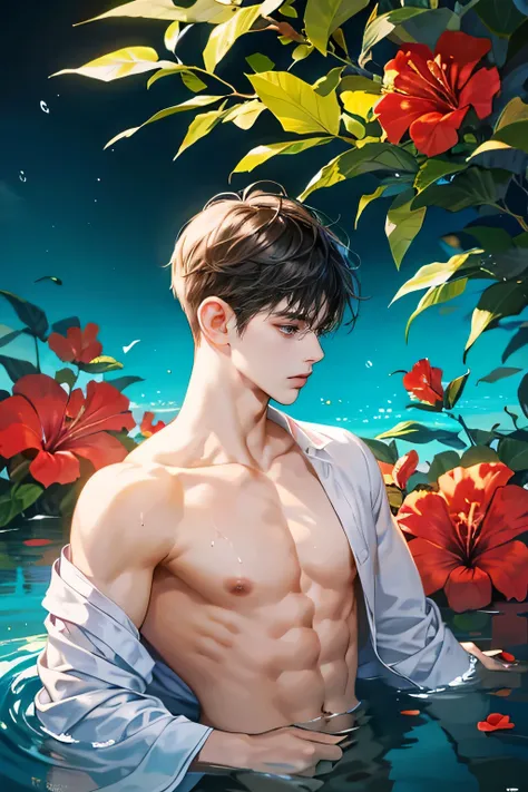 1 boy, Young male, Detailed eyes and faces, Perfect male body, face to camera, (short hair, half body inside water, Topless, bathe in water, wet hair and body),portrait, Chinese clothing, China Landscape, Outdoor, Hibiscus, Hibiscus park, color difference,...