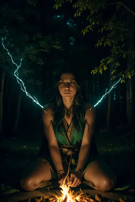 A legendary Shaman warrior summoning the spirits of the forest by casting a spell in front of a bonfire of green flames during a starry night, with luminous fireflies flying through the branches in a supernatural and mystical atmosphere. high resolution, h...