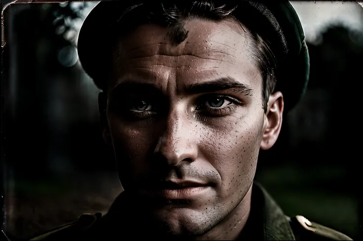 powerful vintage wet-plate close up portrait photo of a soldier, UK in industrial revolution photo, authentic film grain, daguerreo still 35mm photo by Alessio Albi and Charlie Bowater