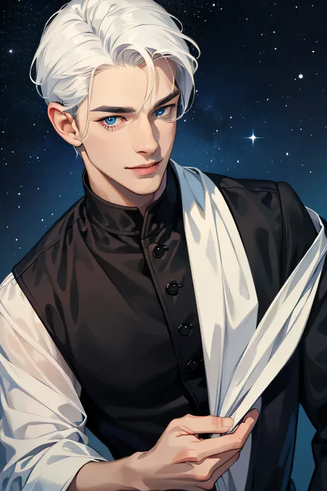 masterpiece, best quality, realistic, 1man, casual dark black clothes, young male, tall , handsome, smile, closed mouth, portrait, extremely detailed face, (over ther shoulder hair), (white hair), (blue eyes), portrait, starry sky
