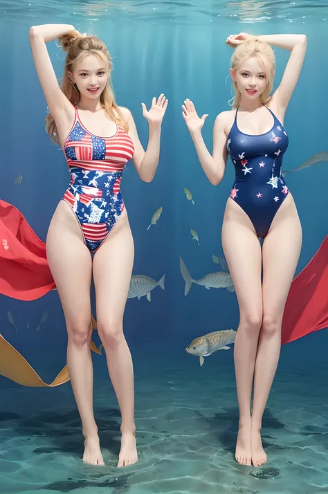 (((young slender blonde white girls posing under sea))), natural front lighting, ultra sharp focus,brown braided ponytail hair, (((bright skin))),large eyes with long eyelashes and double eyelids, dynamic angle,red lip,smile, 2girls, ((waving arms)), (((hu...