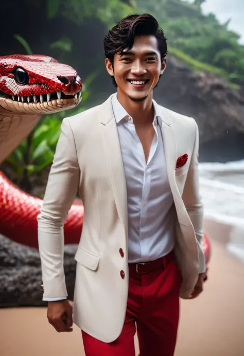 8K high graphic, unreal engine 5, a japanese handsom young men smile, snake head, wear red white blazer walking to the cave beach, bali, indonesia, fullbody, photography, roar, midjourney, morning, ultra graphic, dew, bokeh, rainy, a brown, black giant sna...