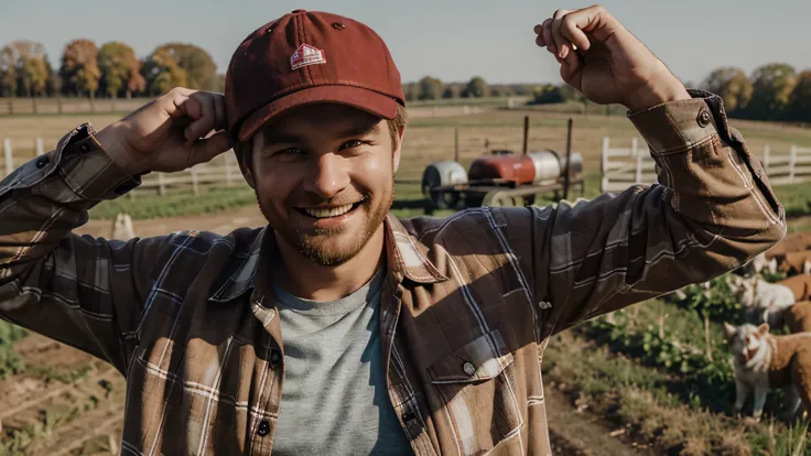 30 year old white american man profession farmer,
wearing, RED CAP,
distressed long-sleeved brown collared plaid shirt, SMILING