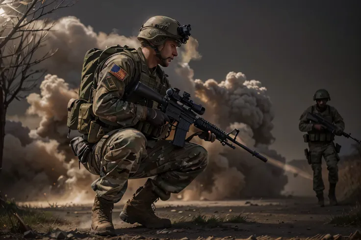 kneeling American male soldier, military helmet, camouflage military uniform, military boots, bulletproof vest, tactical backpack, holding an assault rifle, is on a battlefield at night, fog, smoke, very dark night, dark colors, light flare, Ultra detailed...