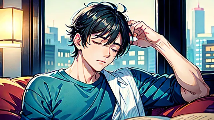 1 boy,black hair, (sketch:1.2), night, city pop,Dozing off,High definition,inside the room,Handsome guy,sleeping face,muscle