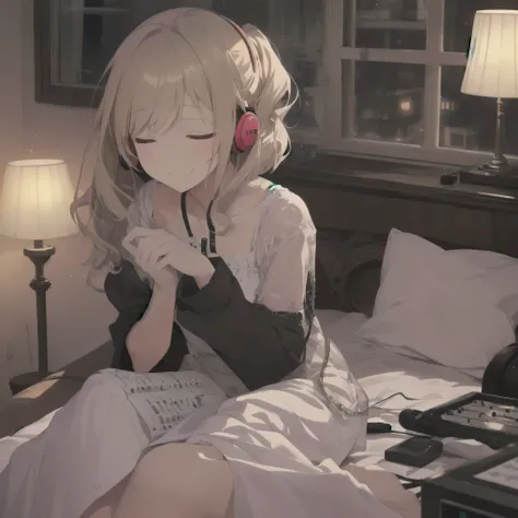 A night of music: she put on her earphones and closed her eyes. Her room was filled with beautiful melodies and she was completely absorbed in the music. Nothing could be more comforting, she couldnt help but smile.
