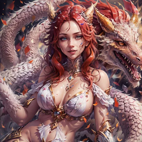 (best quality,4k,8k,highres,masterpiece:1.2, portrait), ultra-detailed, realistic, naked sexy dragon woman with red and white glittering scales, long fiery red hair with white highlights, very playful but mischievous smile, huge tits, gigantic breasts, nak...