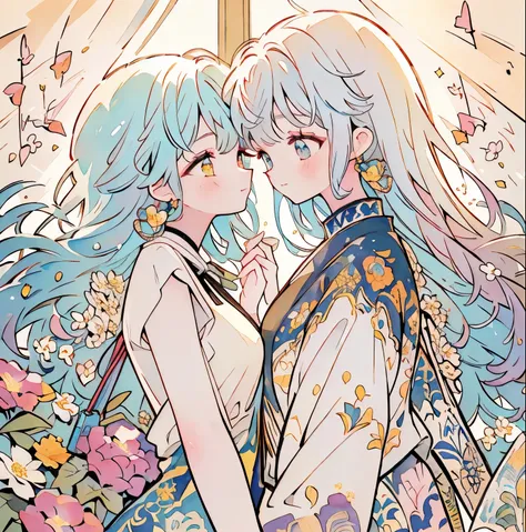 perfect hands、perfect feet、2 people、Staring at each other、Put your forehead together、join hands、nsfw, (fullbody), myth, goddess, pray,  ((white dress with a wide open neckline)), (((dynamic angle))), ((ultra-detailed face), (cute eyes), ((dynamic lighting:...