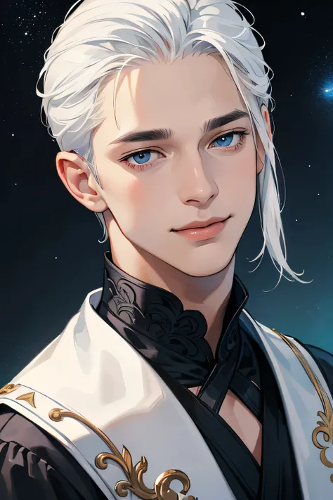 masterpiece, best quality, realistic, 1man, casual dark black clothes, young male, tall , handsome, smile, closed mouth, portrait, extremely detailed face, (over ther shoulder hair), (white hair), (blue eyes), portrait, starry sky
