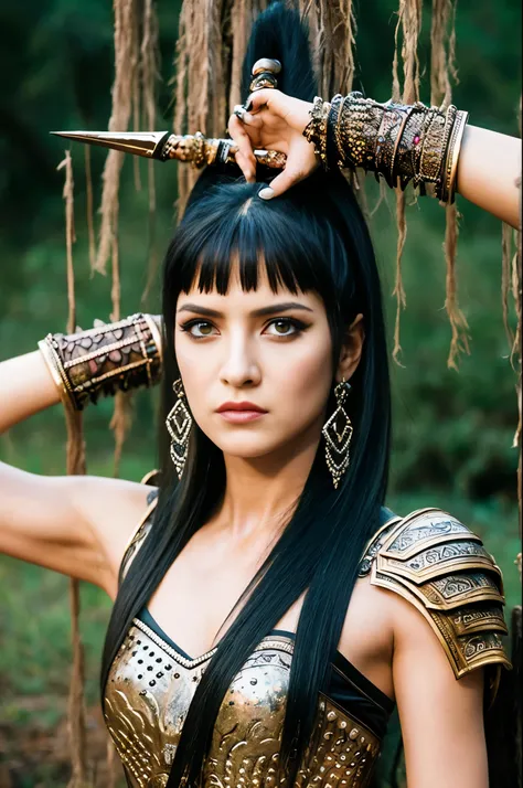 Una mujer vestida como Xena, The warrior princess and with a strange style of hair and makeup, Pose for the cover of a rock metal album,