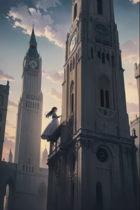 Girl looking up Scene 1: Twilight tower shadow The girl stands quietly against the sky, which is dyed an azure colour. Towering up in front of her is a huge structure called the Tower of Babel. Its form, which seems to pierce through the clouds, seems as i...