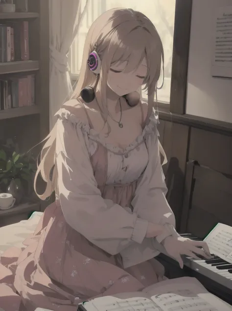 A night of music: she put on her earphones and closed her eyes. Her room was filled with beautiful melodies and she was completely absorbed in the music. Nothing could be more comforting, she couldnt help but smile.