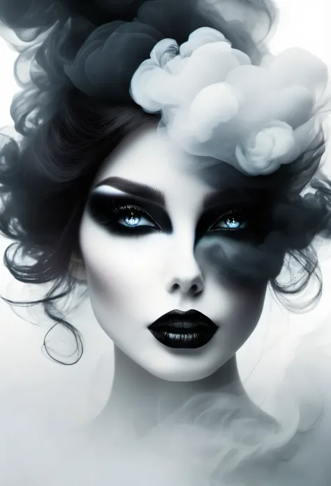 gothic art，dream，（there is only one stunning close-up of her face），gothic makeup，black and white smoke floating around，simple wh...