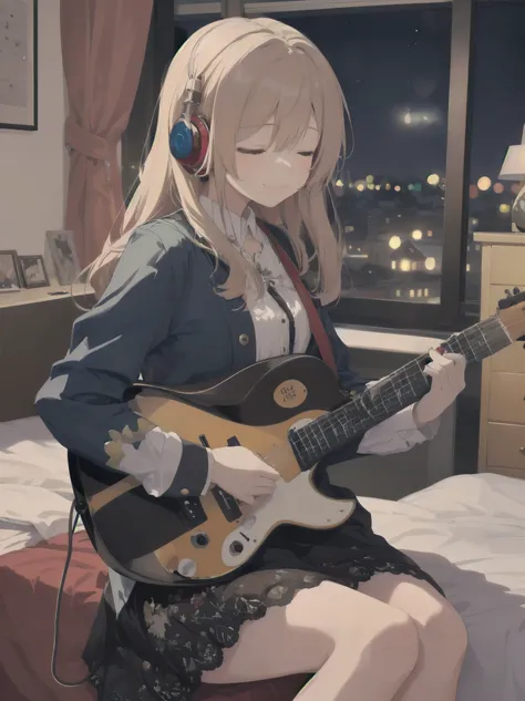 A night of music: she put on her earphones and closed her eyes. Her room was filled with beautiful melodies and she was completely absorbed in the music. Nothing could be more comforting, she couldnt help but smile.