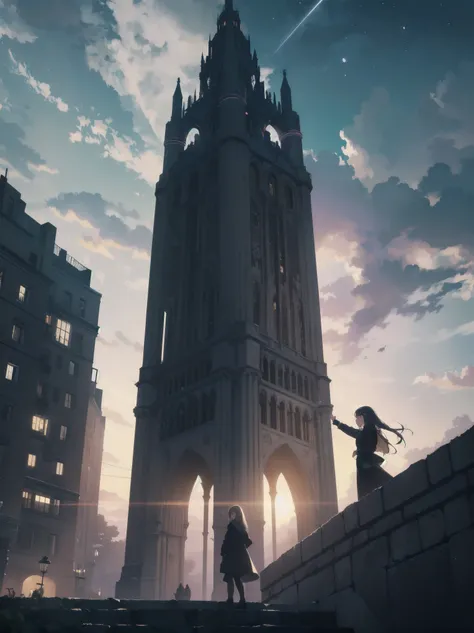 Girl looking up Scene 1: Twilight tower shadow The girl stands quietly against the sky, which is dyed an azure colour. Towering up in front of her is a huge structure called the Tower of Babel. Its form, which seems to pierce through the clouds, seems as i...