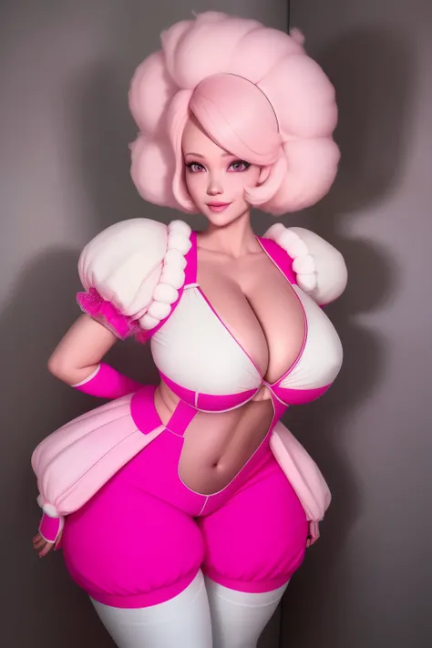 pnkdamond, pink hair, pink eyes,  big hair,  stomach gem,  pink skin,  toned, 
puffy short sleeves, elbow gloves ,  white thighhighs,   puffy dress, 
standing, upper body, 
 outerspace,  
(insanely detailed, beautiful detailed face,beautiful detailed eyes,...