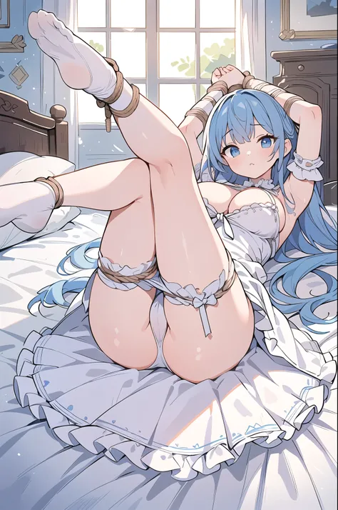 (masterpiece, highest quality), 1 girl, blue and white ruffle dress, (white stockings), cute face, At the bed, indoor, intricate details, sunlight,((big breasts)), nsfw, nipple, spread legs, legs up, hold own thighs, lying, (tied up with rope:1.3), 