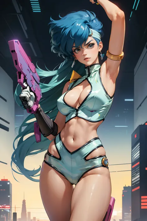 Yuri from The Dirty Pair, , wearing a tight outfit, light sage uniform, light blue uniform, skimpy, medium breast, (long hair), dark blue hair, long smooth hair,  beauty, cyberpunk city background, holding retro space-gun, cleavage, slim waist, slim thighs...